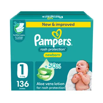 بامبرز حفاضات بحماية من الطفح الجلدي بأشرطة لاصقة، المقاس 1، 2-5 كيلو جرام، عبوة عملاقة، 136 قطعة