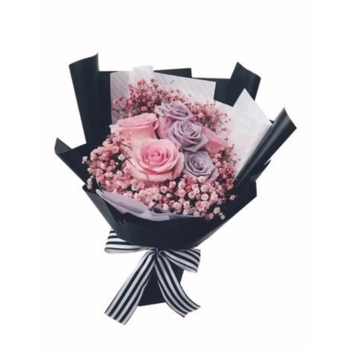 Roses and Baby Breath Bouquet Wrapped in Black Paper