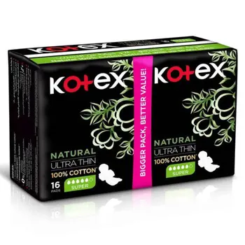 Kotex Natural Ultra Thin Pads, 100% Cotton Pad, Super Size Sanitary Pads with Wings, Sanitary Pads 16Pieces