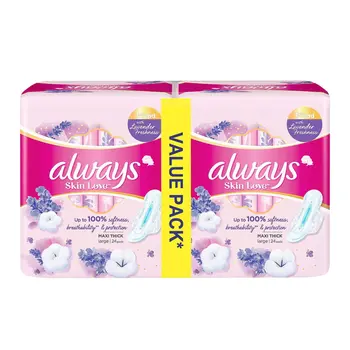 Always Sanitary Pads Large Cotton Maxi Thick with Lavender Freshness 48Pieces