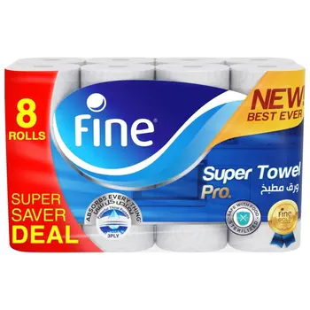 Fine Super Towel Pro New & Improved Sterilized & Half Perforated Kitchen Paper Towel 3Ply 8Rolls