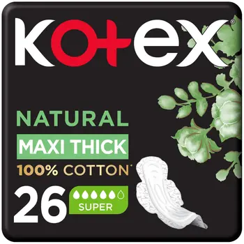 Kotex Natural Maxi Protect Thick Pads, 100% Cotton Pad, Super Size with Wings, 26Pieces