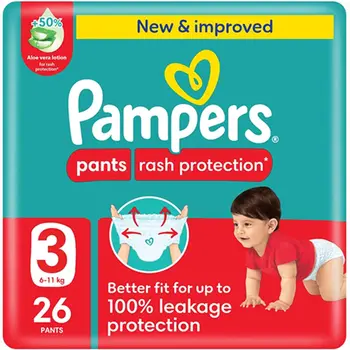 Pampers Rash Protection Pants Diapers, Size 3, 6-11 26Pieces