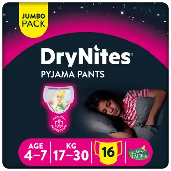 Huggies DryNites Bed Wetting Pants, 4-7 years, Girls, 17-30 kg, Value Pack, 16Pieces