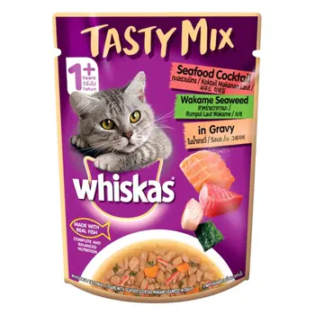 ويسكاس  تيستي ميكس المأكولات البحرية اللذيذة، الواكامي، الأعشاب البحرية في المرق، طعام القطط البالغة بعمر 1+ سنة، 70 جرام