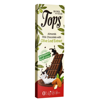 توبس لوح شوكولاتة حليب اللوز خالي من السكر مع ورق الزيتون 50جرام