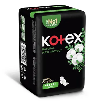 Kotex Natural Maxi Protect Thick Pads, 100% Cotton Pad, Super Size with Wings, 10Pieces