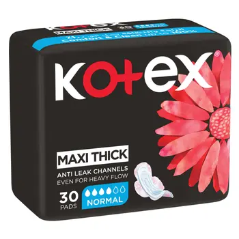 Kotex Maxi Protect Thick Pads, Normal Size Sanitary Pads with Wings, 30Pieces