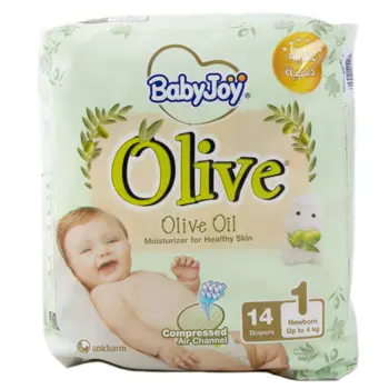 بيبي جوي حفاضات عناية ذهبية بزيت الزيتون المرطب مقاس 1 مولود جديد حتى 4 كيلو 14قطعة