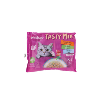 ويسكاس تيستي ميكس للقطط الصغيره سلمون وتونه جيلي 4×70جرام