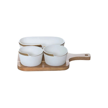 بين سيرفي وعاء وجبات خفيفة من البورسلين مع صينية من الخيزران أبيض وبني 32× 7.8× 22سم 3SB104O-8-MG 1قطعة