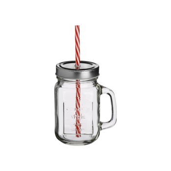 JJA SA Glass Lemonade Mug with Straw Clear and Silver 450 ml 1Piece