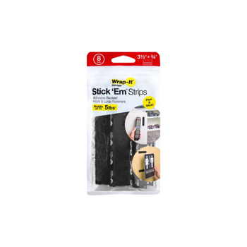 WRAP-IT STORAGE 8-Sets Stick-Em Adhesive Backed Hook and Loop Fastener Strips Black 3.5 x 0.75 Inch 1Piece