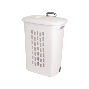 ستيرلايت سلة غسيل بعجلات مع غطاء ومقبض سحب أبيض ورمادي 70.4لتر