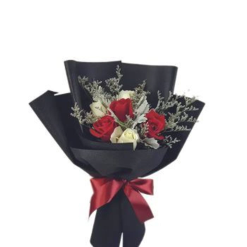 Red and White Roses Bouquet with Black Wrapping