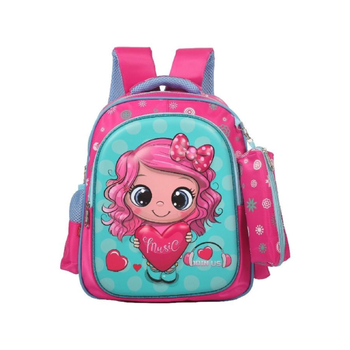 بريما  بريما حقيبة ظهر مدرسية مريحة بطبعة موسيقية مع سحاب للإغلاق ومقلمة، باللونين الوردي والأزرق، مقاس 14 إنش، PR-67222 1قطعة