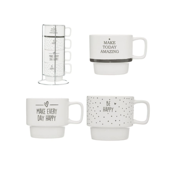 Jja Sa 4-Piece Happy Coffee Mug With Stand White And Black 220Ml
