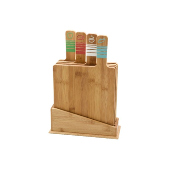 بين سيرفي صنع هذا الطقم المكون من ألواح تقطيع خيزران مستطيلة الشكل و مُلوَّن بألوان مُختلفة ومكونة من 4 قطع من مع حامل بني 33.5× 9.5× 23.4سم HS-0027 1قطعة