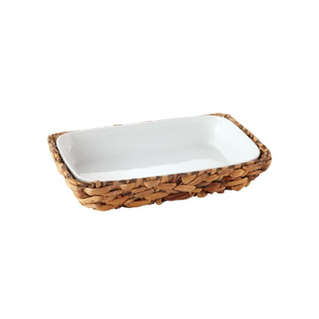 بين سيرفي صحن تقديم مستطيل سيراميك مع سلة راتان قطعتين أبيض وبني 8.5 x 41.5 x 26سم HB1045-PL 1قطعة