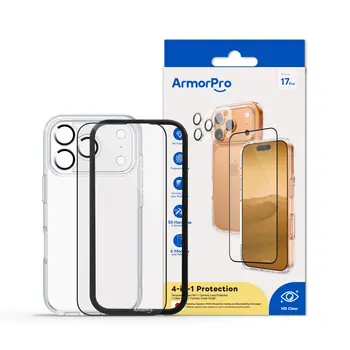 امور برو (واقي شاشة عالي الدقة وعدسة الكاميرا وحافظة شفافة ودرع غطاء الكاميرا) عالي الدقة لهاتف ايفون 17 برو 1علبة