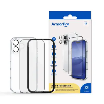 امور برو 3in 1(واقي شاشة عالي الدقة وعدسة كاميرا وحافظة شفافة) HD لهاتف ايفون 17 1علبة