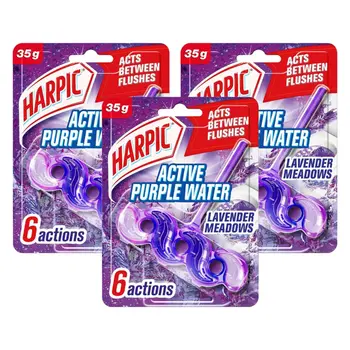 Harpic Active Purple Water Toilet Rim Block Lavender Meadows Scent 3×35g