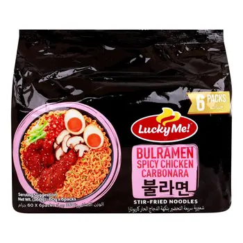 لاكي مي نودلز بولرامين مقلية بنكهة الدجاج الحار والكاربونارا 6×60جرام