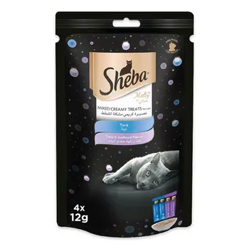 شيبا ملتي تصبيرة كريمي أكل قطط رطب نكهة التونة وطعام البحر 48×12جرام