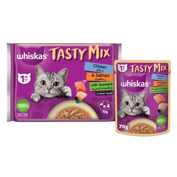 Whiskas Tasty Mix Wet Cat Food Chicken and Salmon with Seaweed in Gravy 4×70g