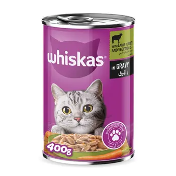 ويسكاس أكل قطط معلّب لحم الضأن والديك الرومي والخضراوات بالمرق 400جرام