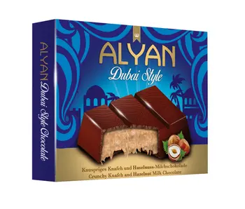 عليان دبي كنافة مقرمشة وشوكولاتة بالبندق وشوكولاتة بالحليب 100جرام