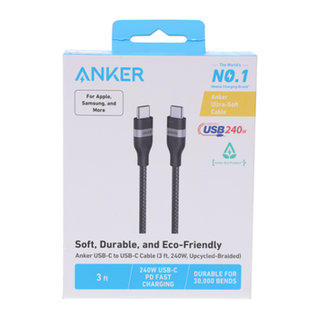 أنكر كابل USB-C إلى USB-C 3 أقدام 240 واط، مجدول مُعاد تدويره أسود 1قطعة