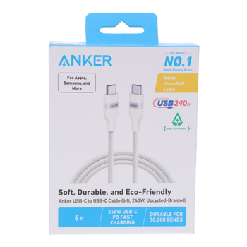 أنكر كابل USB-C إلى USB-C 6 أقدام 240 واط مُضفر مُعاد تدويره أبيض 1قطعة