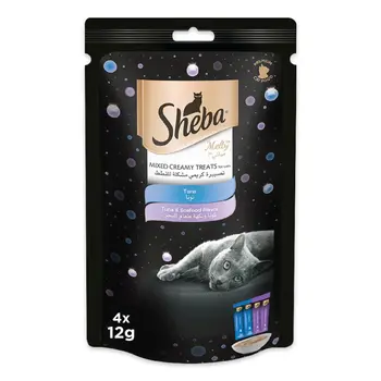 شيبا ملتي تصبيرة كريمي أكل قطط رطب نكهة التونة وطعام البحر 48×12جرام