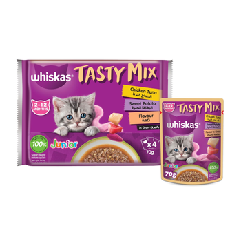 Whiskas Junior Tasty Mix Chicken Tuna & Sweet Potato in Gravy 4×70g