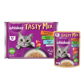 Whiskas Tasty Mix Wet Cat Food Tuna Salmon with Spinach in Jelly 24×70g