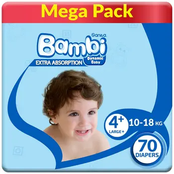 Sanita Bambi Baby Diapers Mega Pack Size 4+, Large Plus, 10-18 Kg, 70Pieces