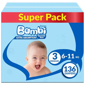 Sanita Bambi Baby Diapers Super Pack Size 3, Medium, 6-11 Kg, 136Pieces