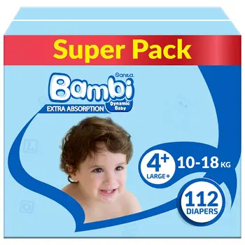 Sanita Bambi Baby Diapers Super Pack Size 4+, Large Plus, 10-18 Kg, 112Pieces