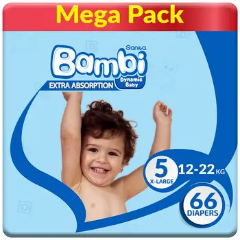 Sanita Bambi Baby Diapers Mega Pack Size 5, X-Large, 12-22 Kg, 66Pieces