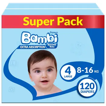 Sanita Bambi Baby Diapers Super Pack Size 4, Large, 8-16 Kg, 120Pieces
