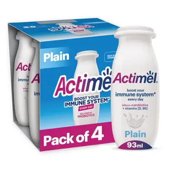 Actimel Plain Dairy Low Fat Yogurt Drink, Probiotics Laban Drink Pack of 4×93ml