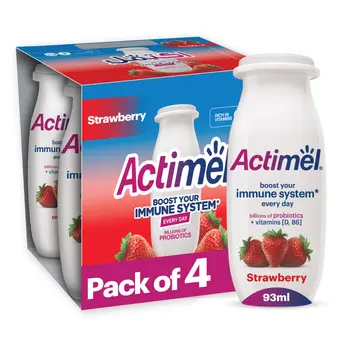 Actimel Strawberry Dairy Yogurt Drink Probiotics Laban Pack of 4x93ml