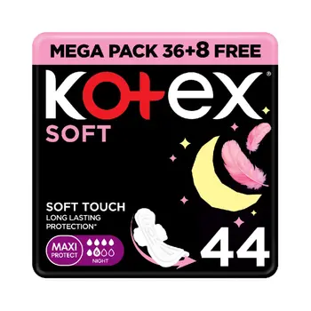 Kotex Soft Maxi Protect Thick Pads Feather-Touch Softness Overnight Protection Sanitary Pads With Wings 44Pieces