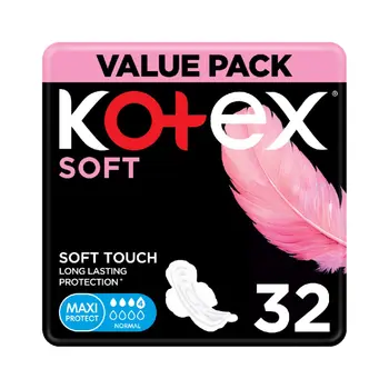 Kotex Soft Maxi Protect Thick Pads Feather-Touch Softness Normal Size With Wings 32Pieces