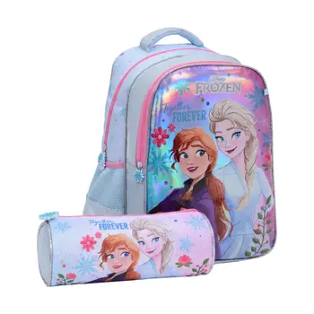 Frozen Backpack 2 Main Compartments & 2 Side Pockets 16Inch With Pencil Case 2Pieces