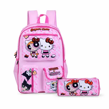 Hello Kitty & Power Puff Backpack 2 Main Compartments & 2 Side Pockets & 1 Front Pocket 16Inch With Pencil Case 2Pieces