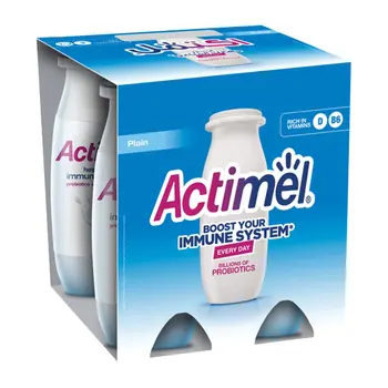 Actimel Plain Dairy Low Fat Yogurt Drink, Probiotics Laban Drink Pack of 4×93ml