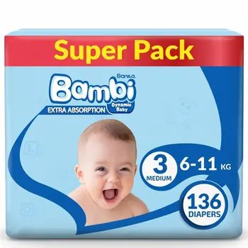 Sanita Bambi Baby Diapers Super Pack Size 3, Medium, 6-11 Kg, 136Pieces