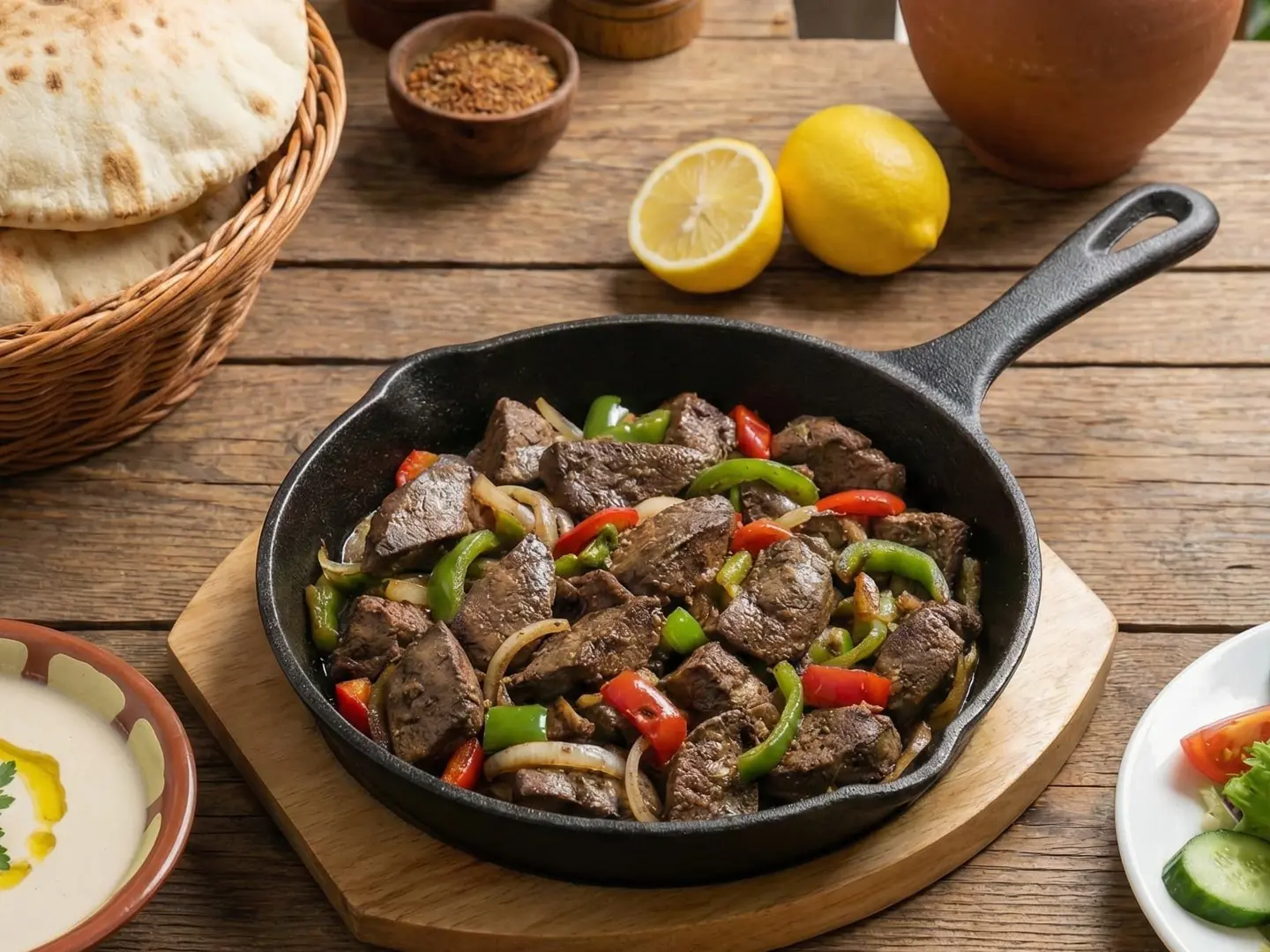 Liver Dish With Bread Tahini Salad And Pickles